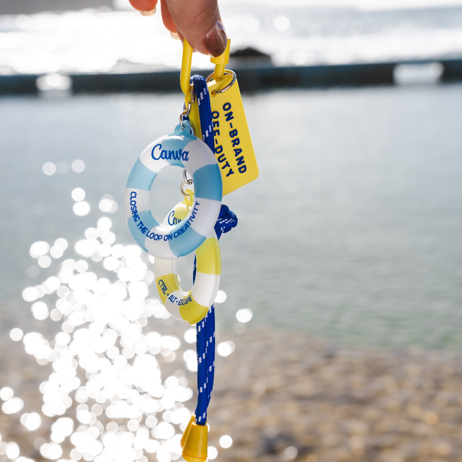 Keychain with multiple tags held over water